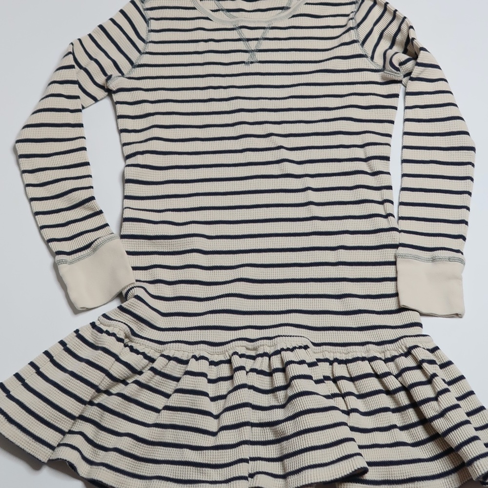 Polo by Ralph Lauren Cream and Navy Striped Long Sleeve Ruffle Hem Dress